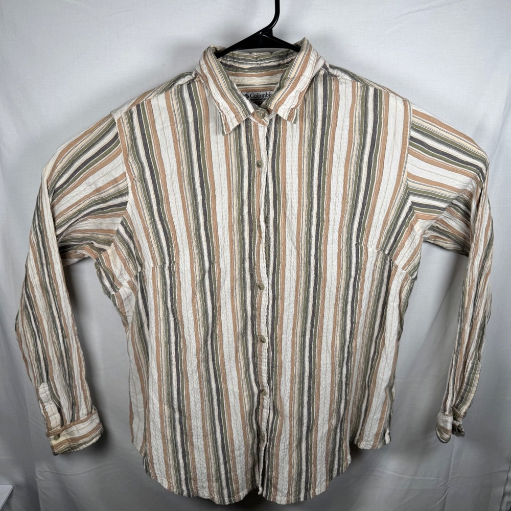 Columbia Button Up Shirt Womens XL Multicolor Striped Seersucker Long Sleeve